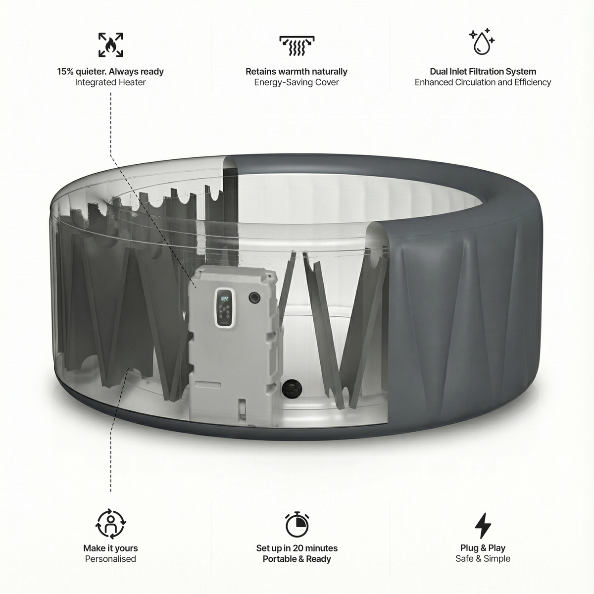 Atlantic | 4/6-Person Inflatable Hot Tub | Integrated Heater | UKCA