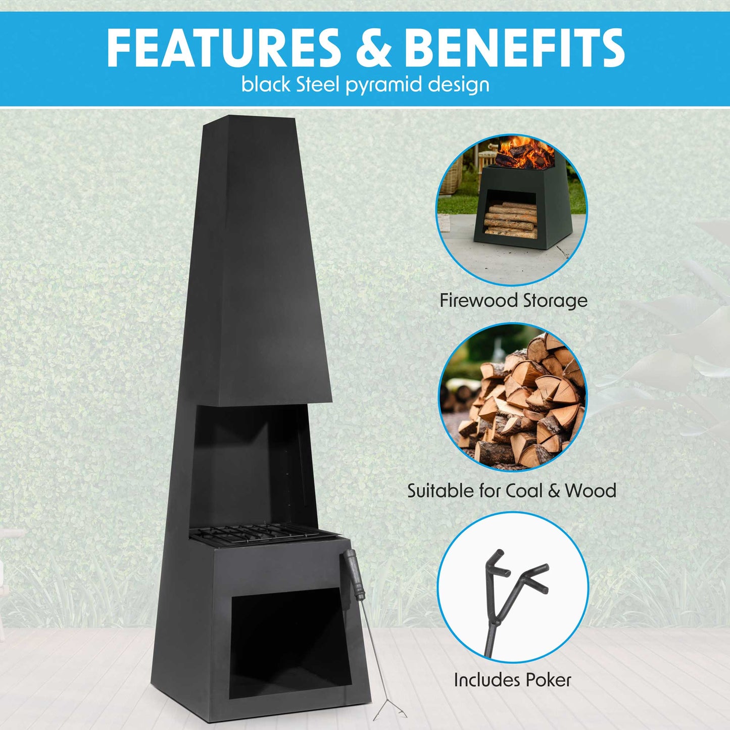Pyramid Chiminea With Wood Storage - Black Steel
