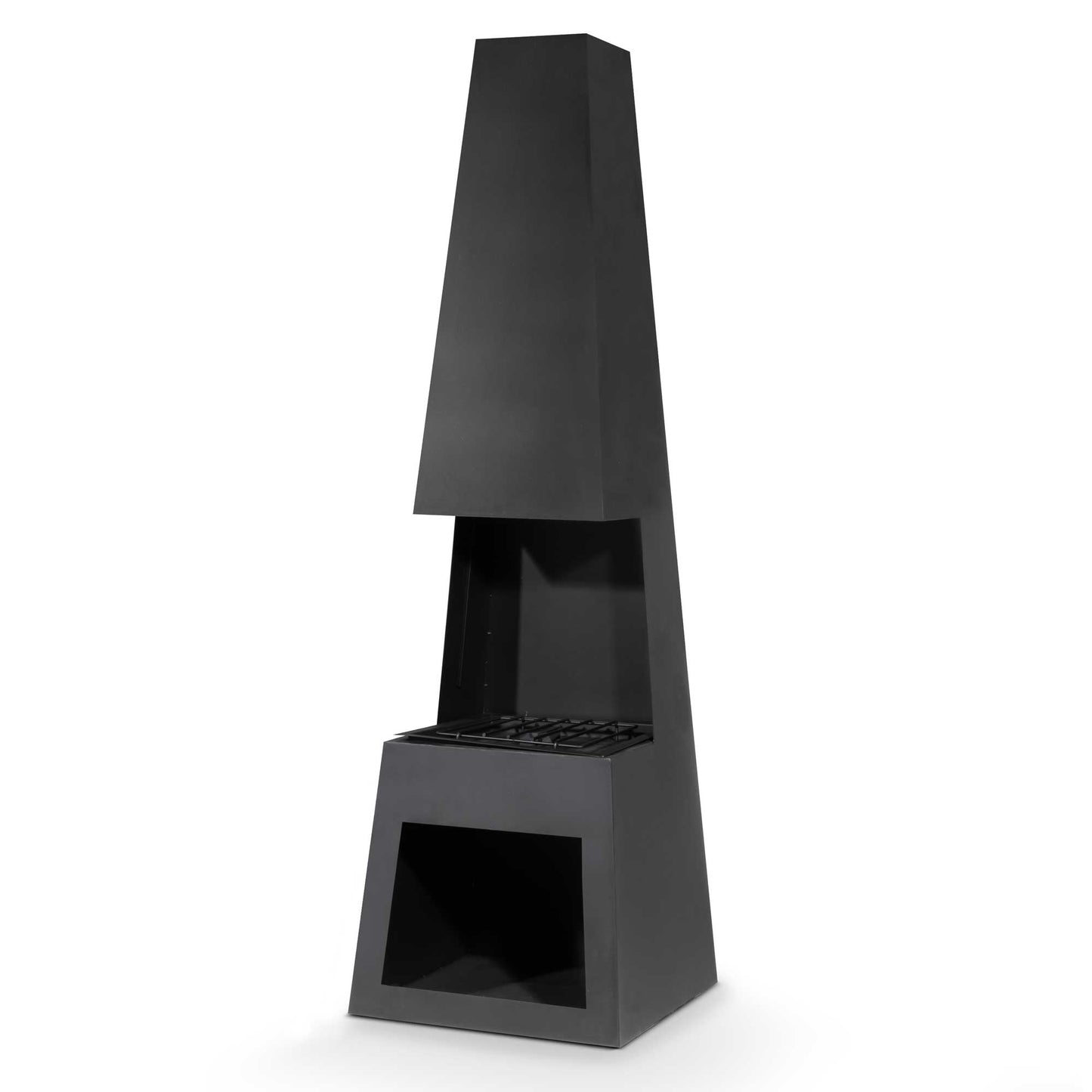 Pyramid Chiminea With Wood Storage - Black Steel