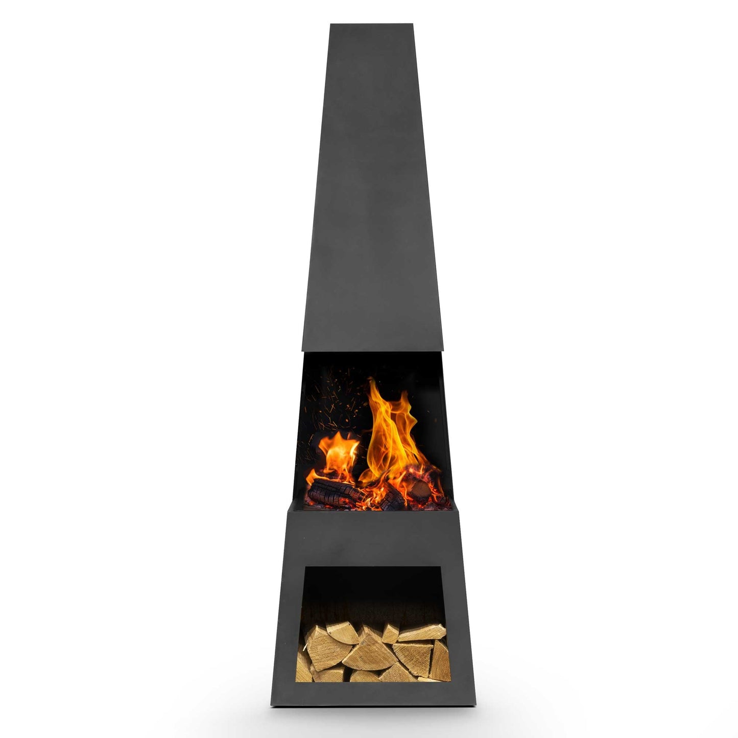 Pyramid Chiminea With Wood Storage - Black Steel