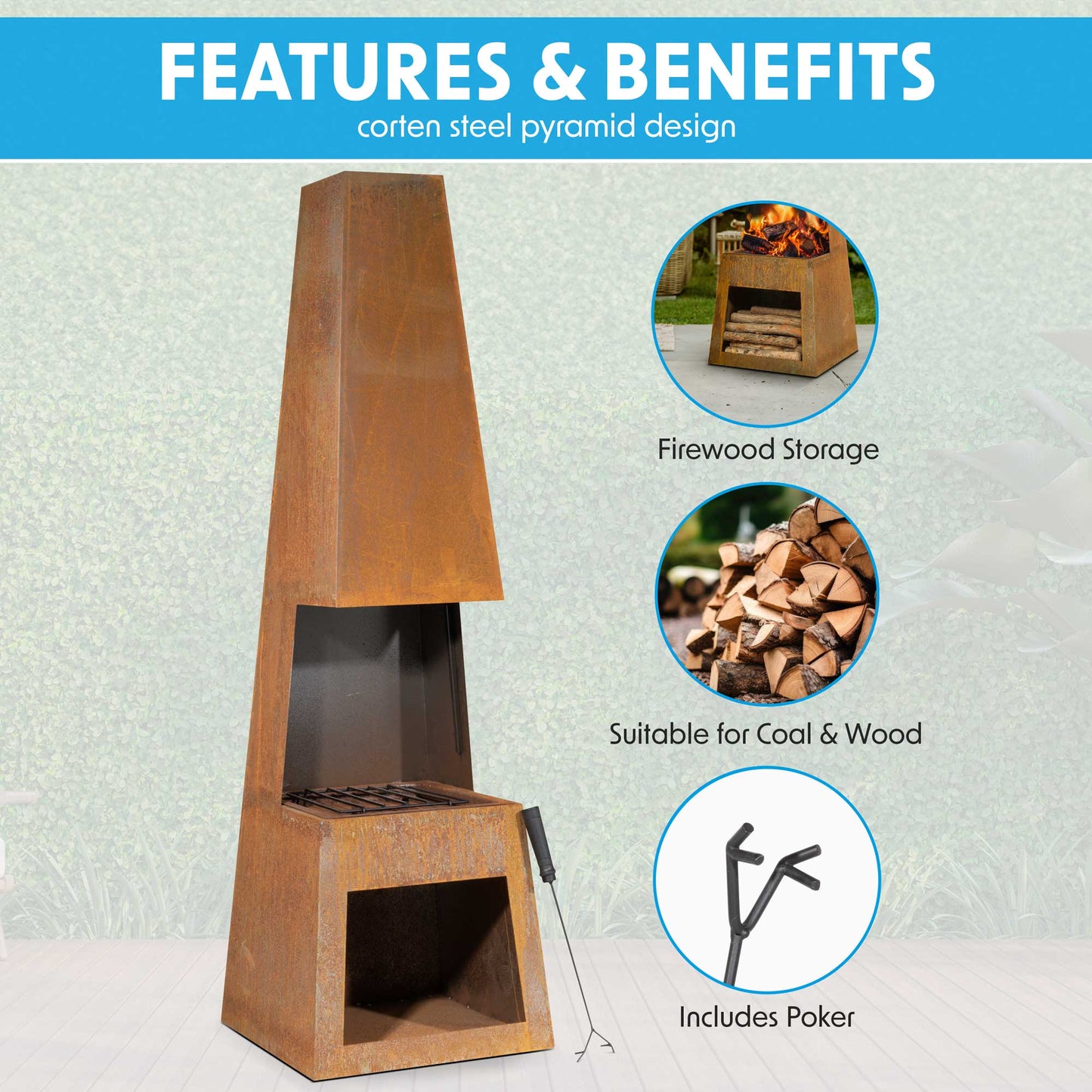 Pyramid Chiminea With Wood Storage - Corten Steel