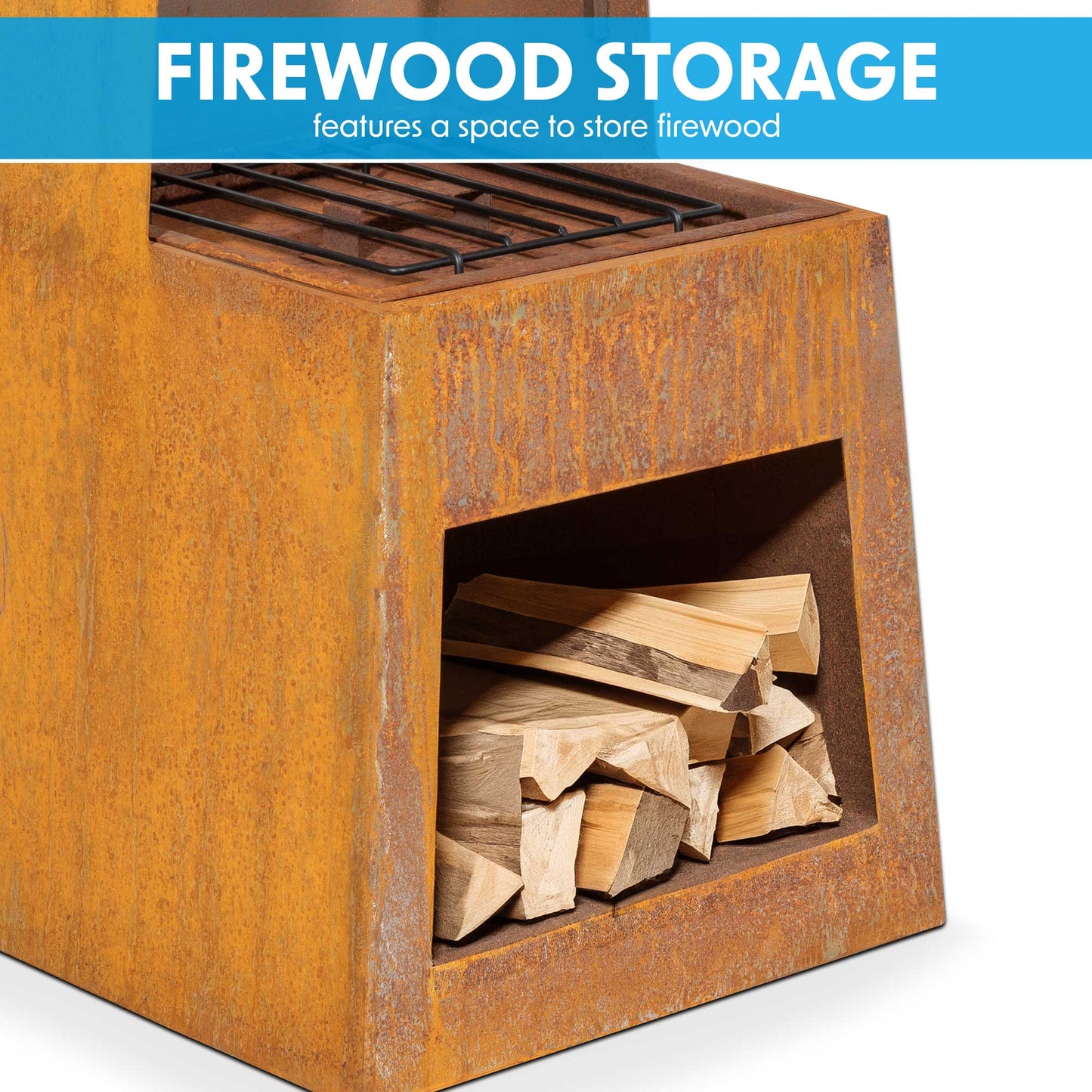 Pyramid Chiminea With Wood Storage - Corten Steel
