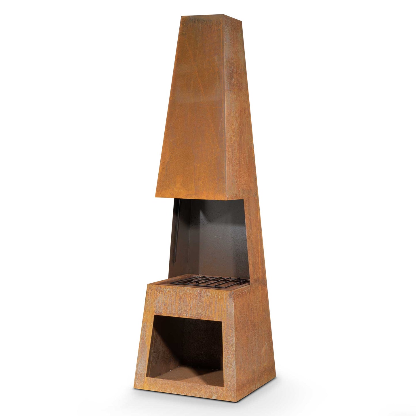 Pyramid Chiminea With Wood Storage - Corten Steel