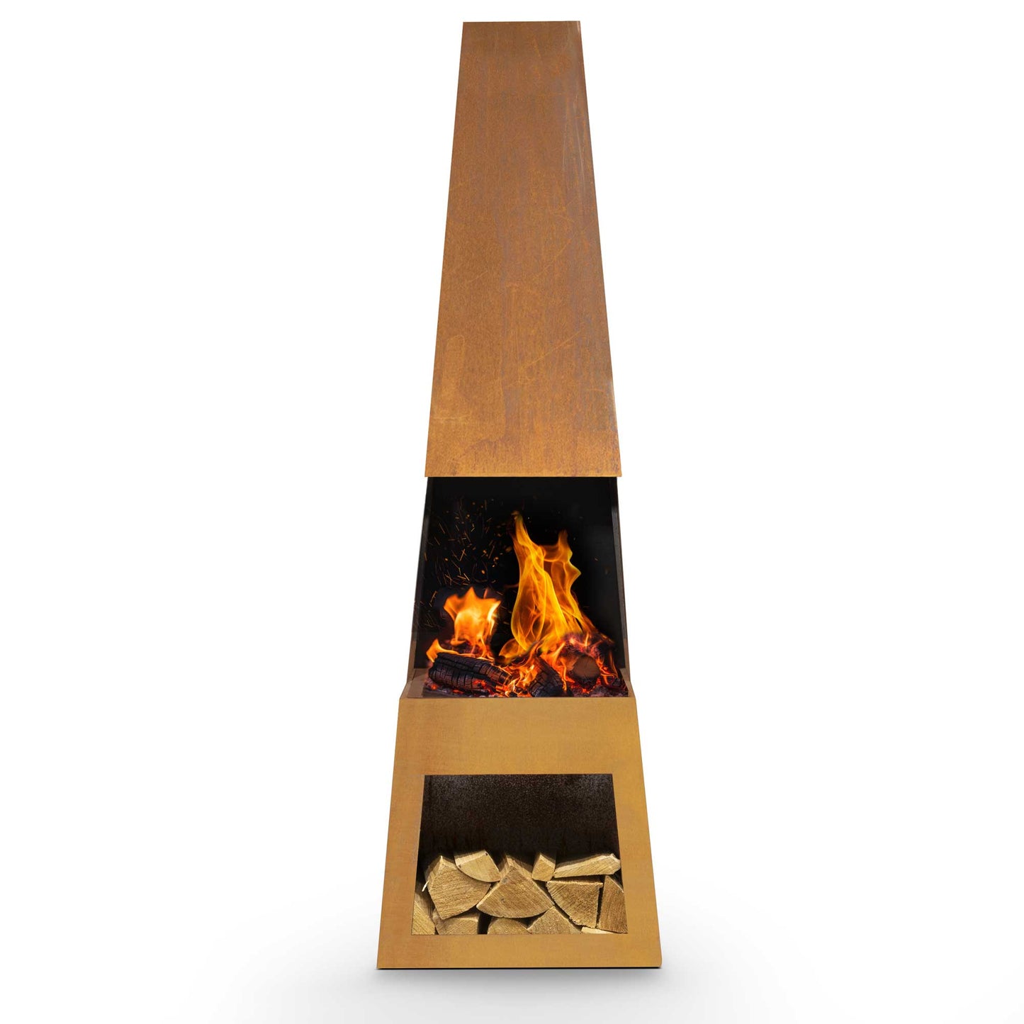 Pyramid Chiminea With Wood Storage - Corten Steel