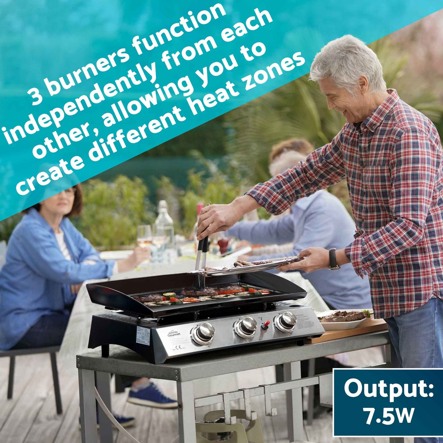 Dellonda 3 Burner Portable Gas Plancha Griddle - Black & Stainless Steel
