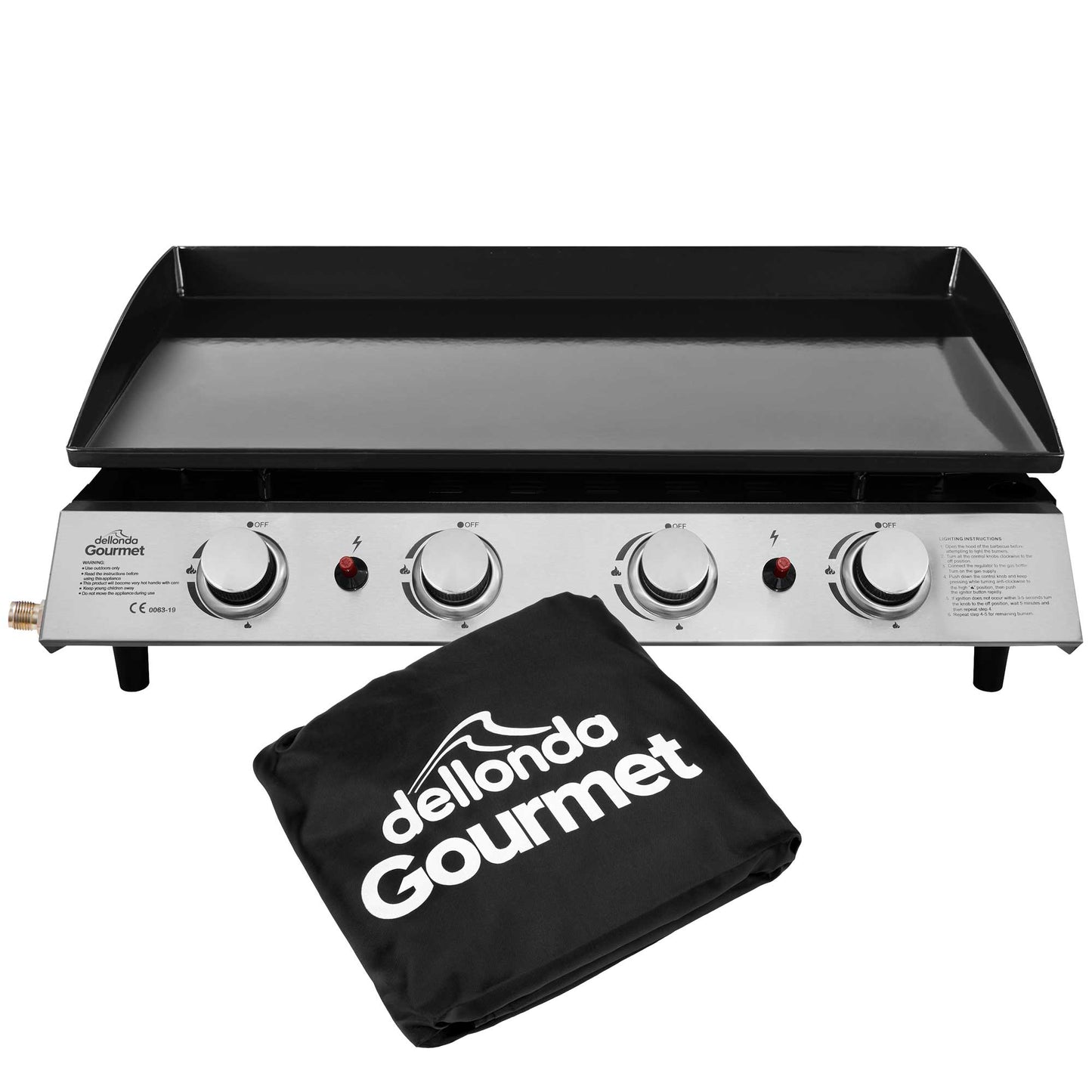 Dellonda 4 Burner Portable Gas Plancha Griddle With Cover - Black & Stainless Steel