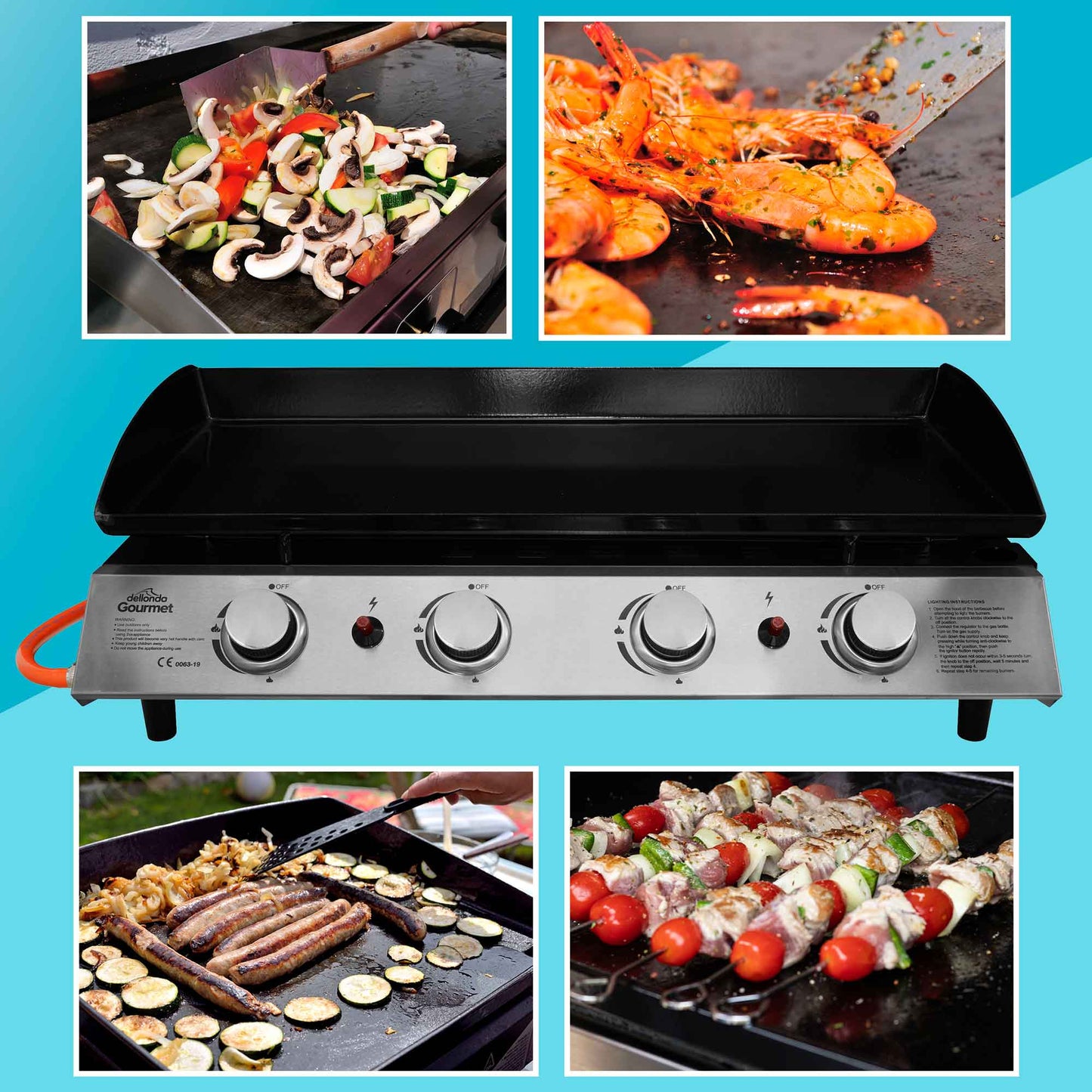 Dellonda 4 Burner Portable Gas Plancha Griddle - Black & Stainless Steel