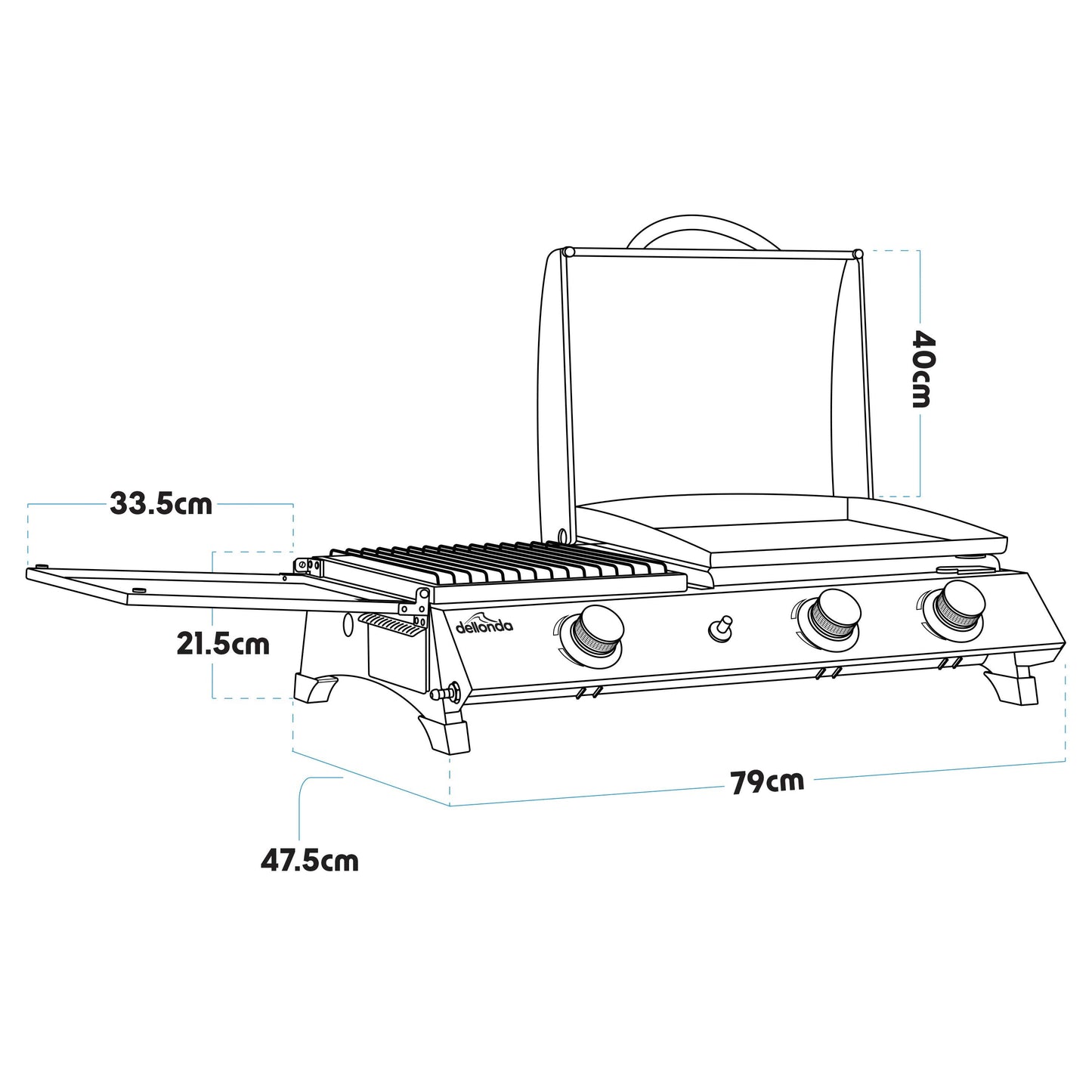 Dellonda 2+1 Burner Portable Gas Plancha Griddle - Black & Stainless Steel