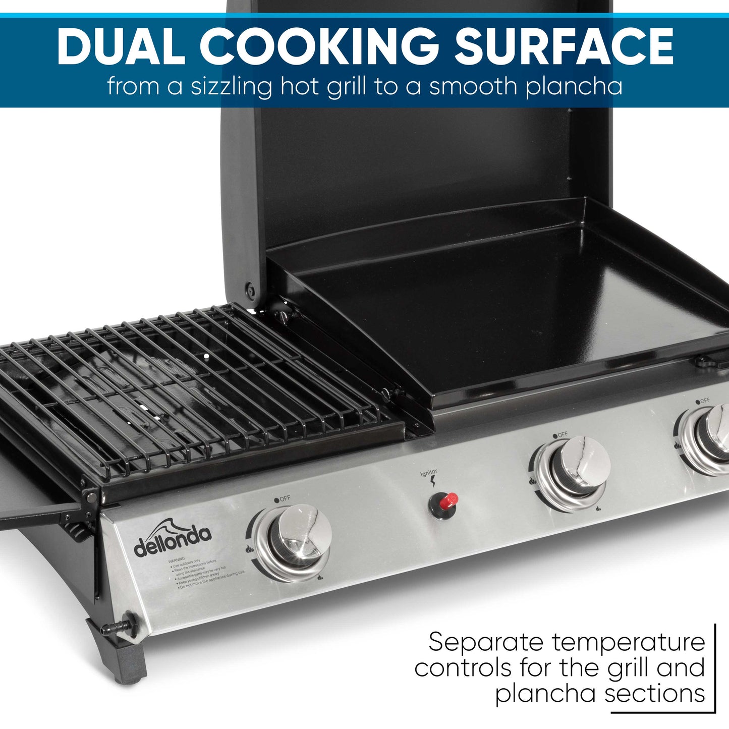 Dellonda 2+1 Burner Portable Gas Plancha Griddle - Black & Stainless Steel