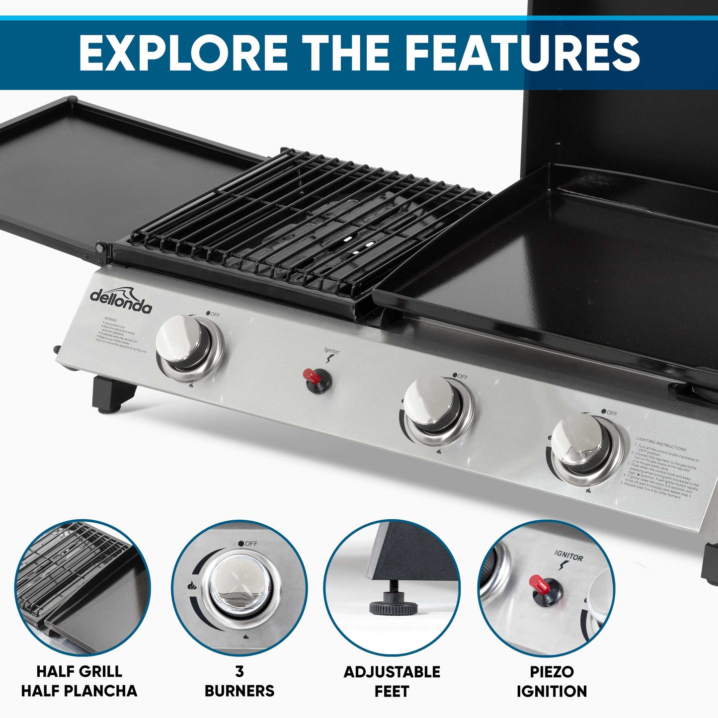 Dellonda 2+1 Burner Portable Gas Plancha Griddle - Black & Stainless Steel