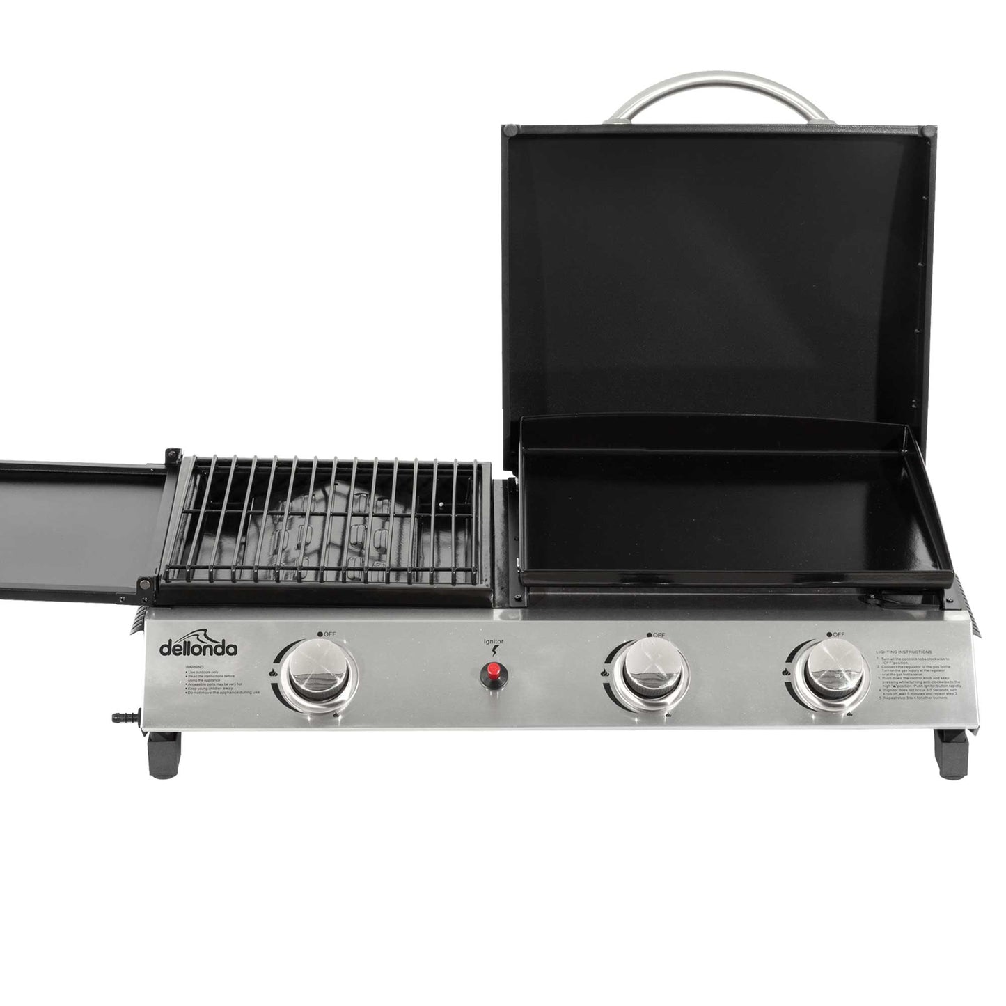 Dellonda 2+1 Burner Portable Gas Plancha Griddle - Black & Stainless Steel