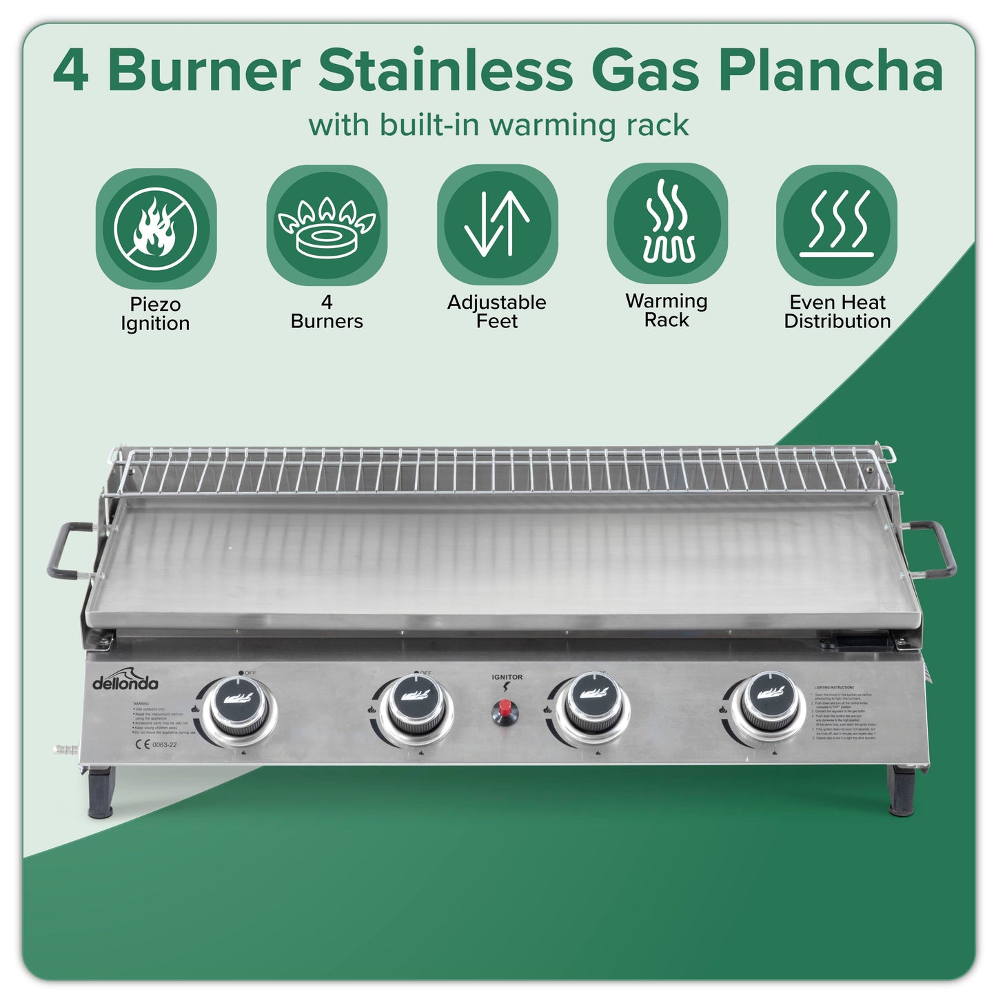 Dellonda 4 Burner Portable Gas Plancha Griddle - Stainless Steel