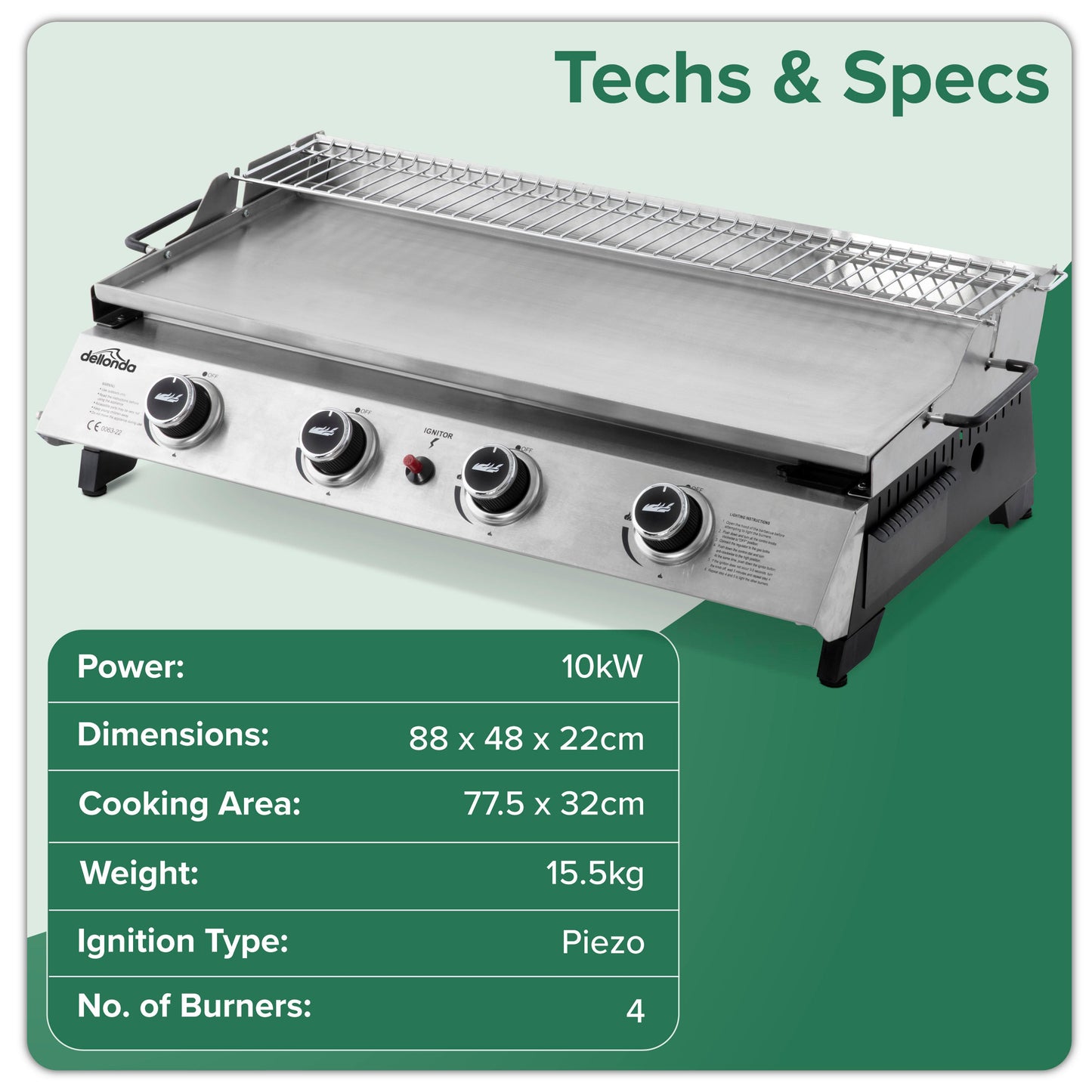 Dellonda 4 Burner Portable Gas Plancha Griddle - Stainless Steel