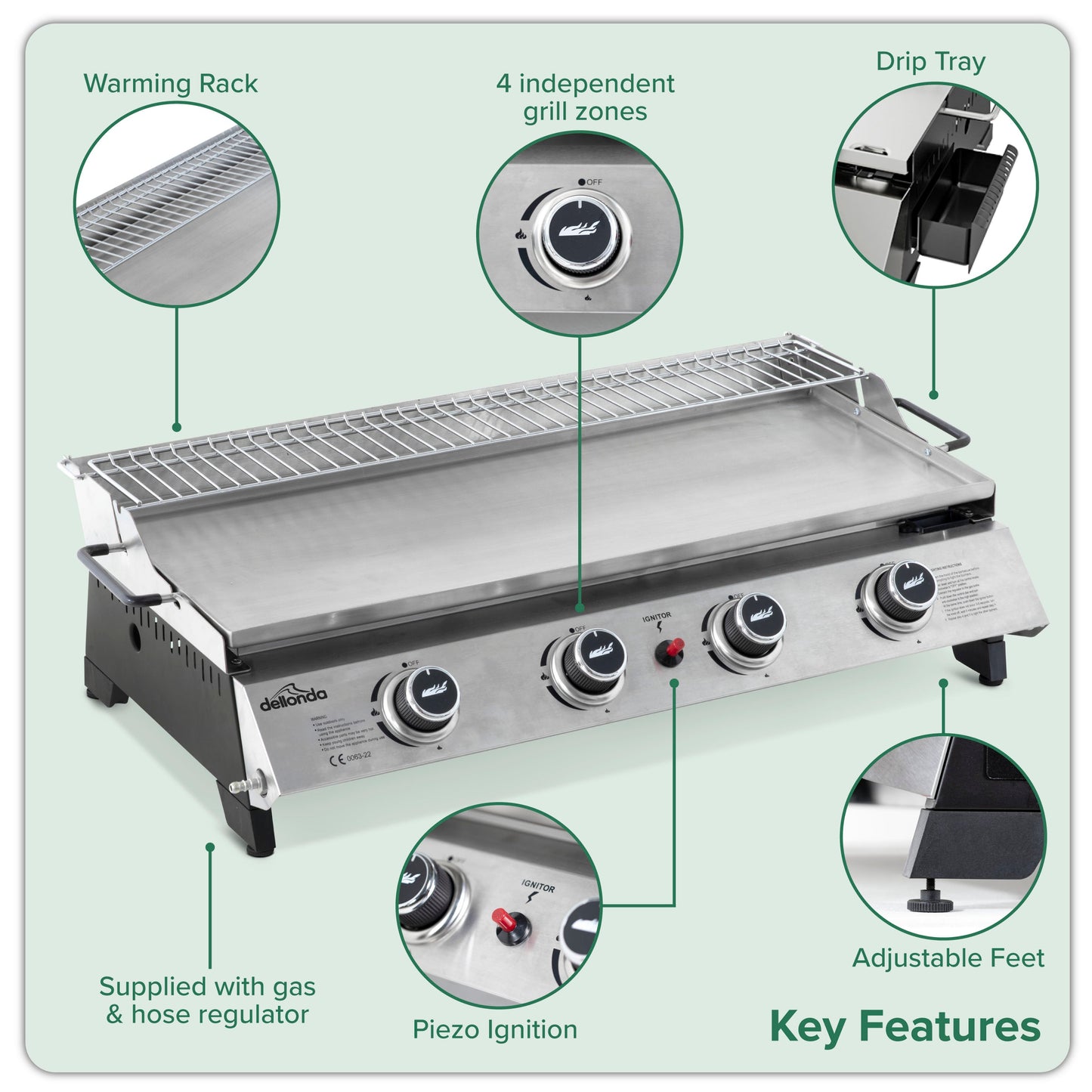 Dellonda 4 Burner Portable Gas Plancha Griddle - Stainless Steel