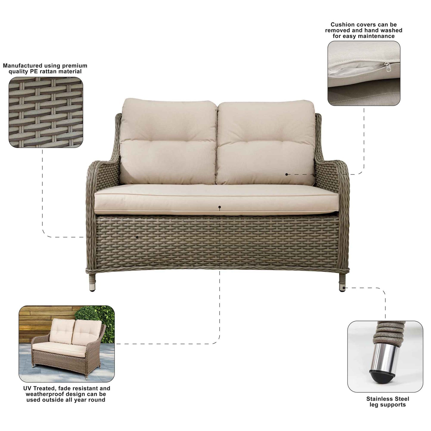 Dellonda Chester 2 Seater Rattan Outdoor Sofa