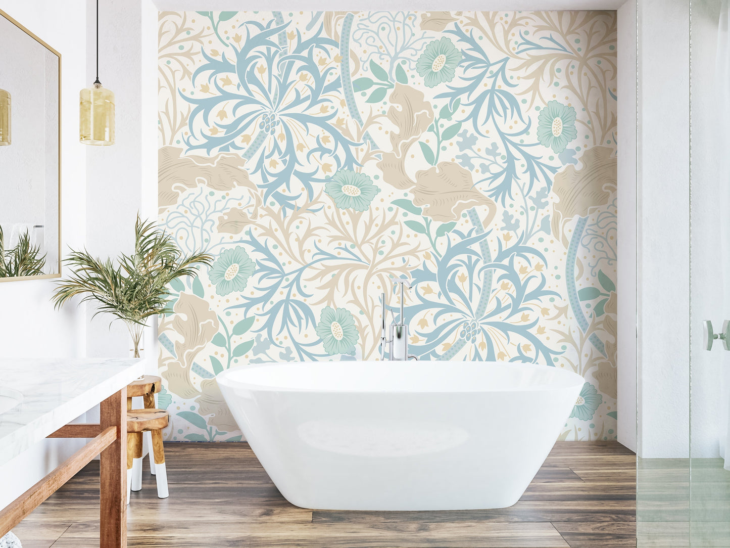 Origin Murals Trailing Seaweed Garden Blue And Linen 350cm X 280cm