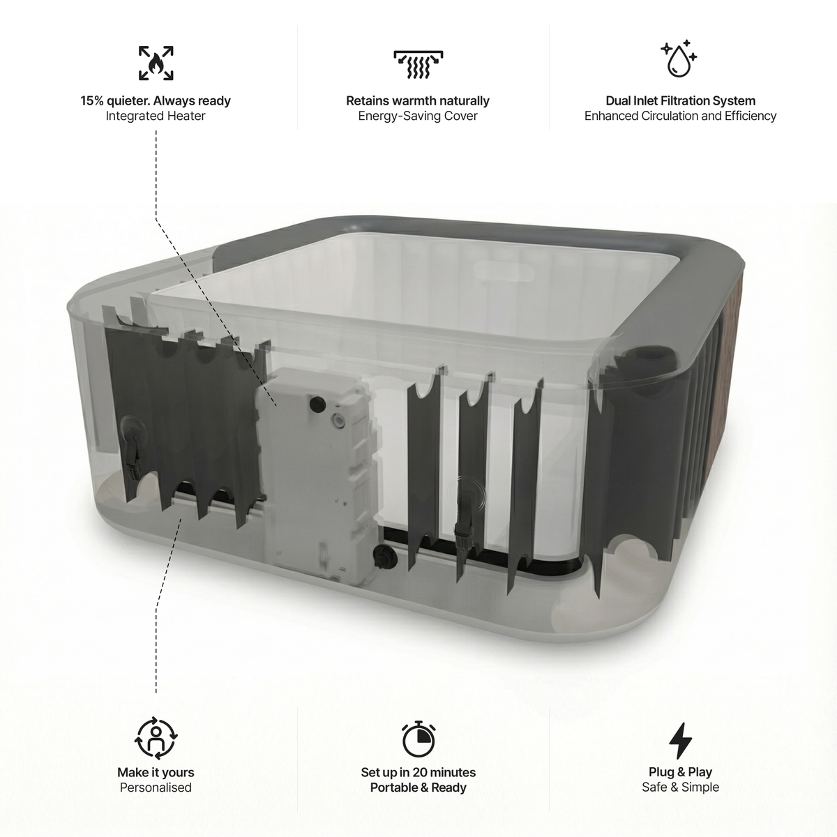 Pacific | 4/6-Person Inflatable Hot Tub | Integrated Heater | UKCA