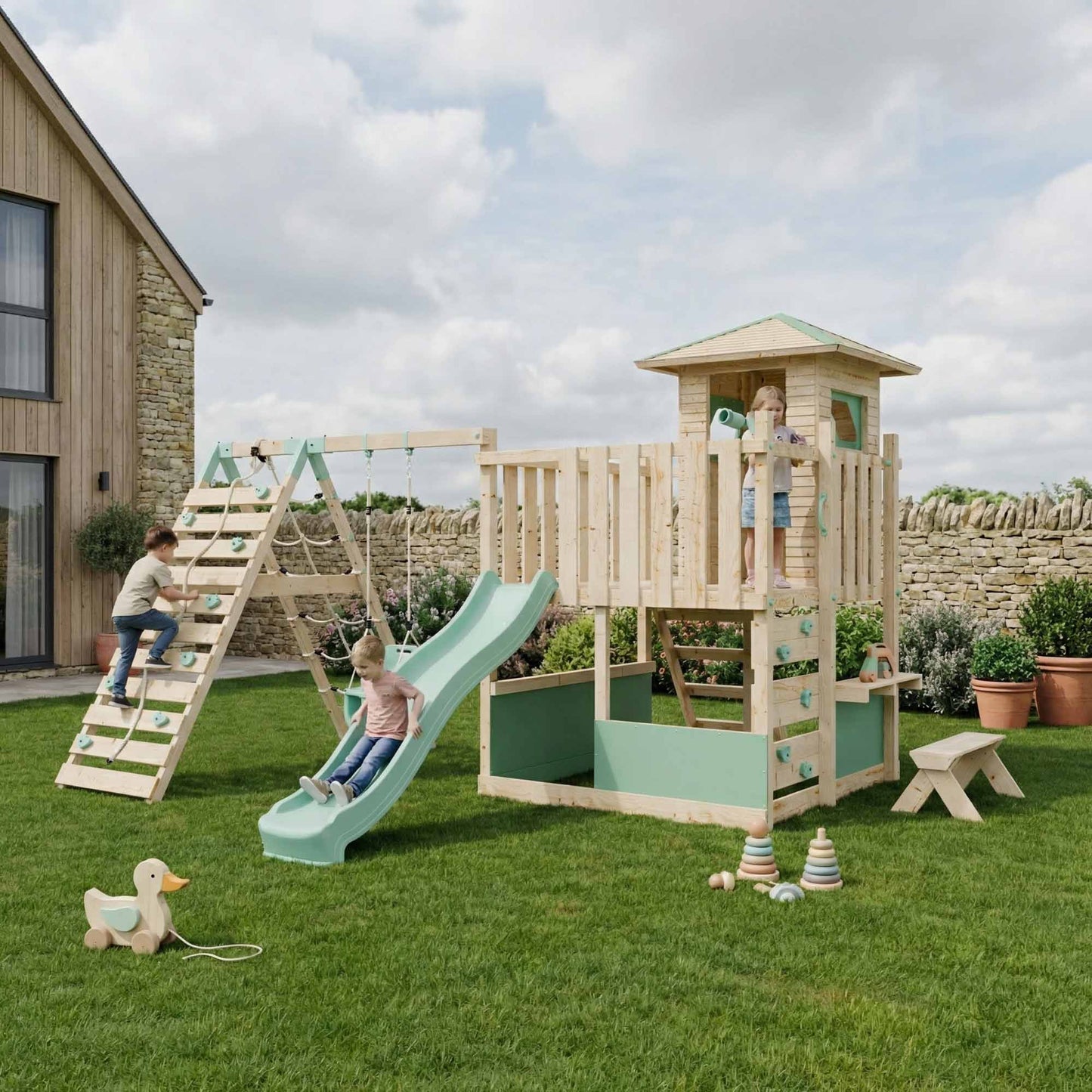 LittleSummit Small Tower Playhouse with Swing & Climbing Wall
