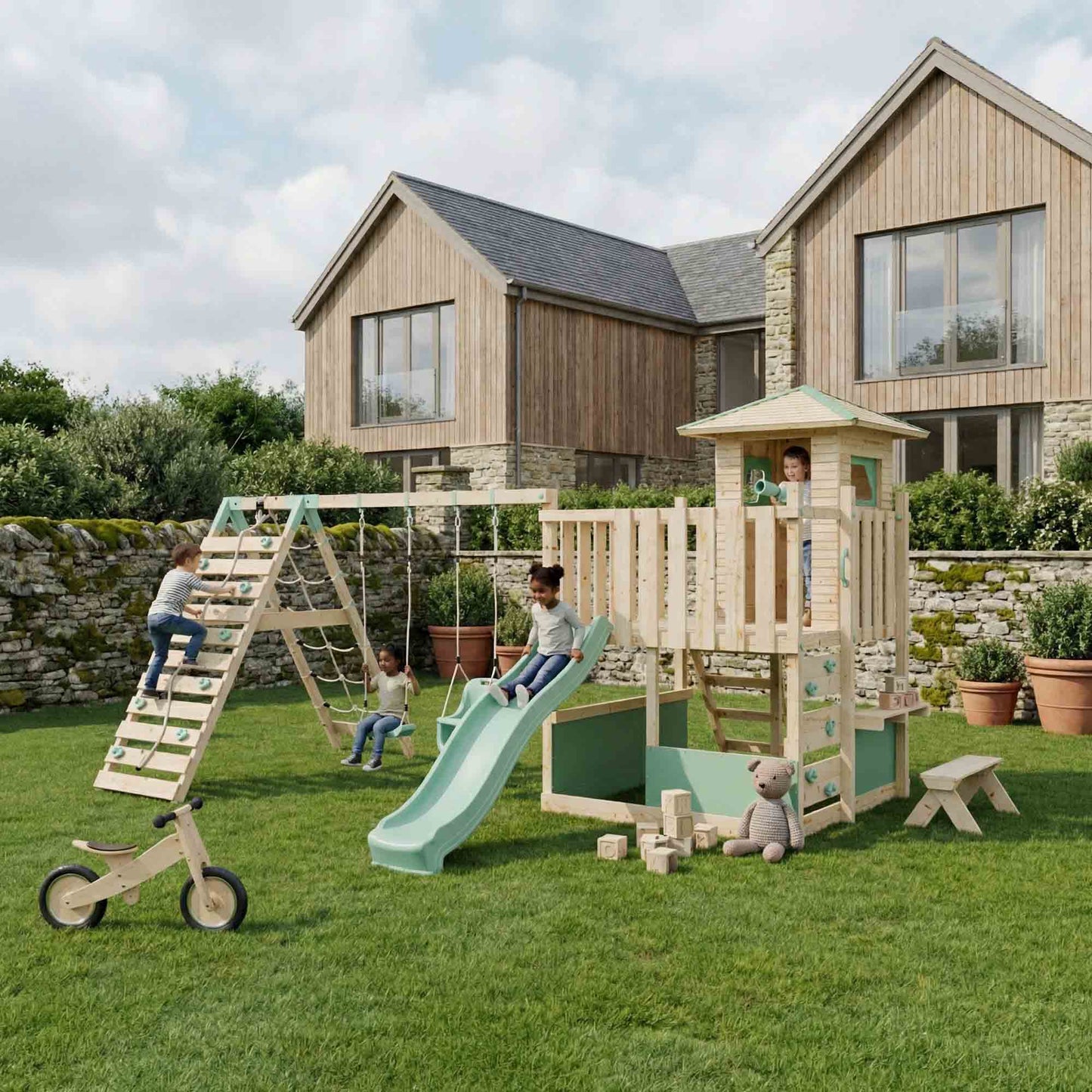 LittleSummit Small Tower Playhouse with Double Swing & Climbing Wall