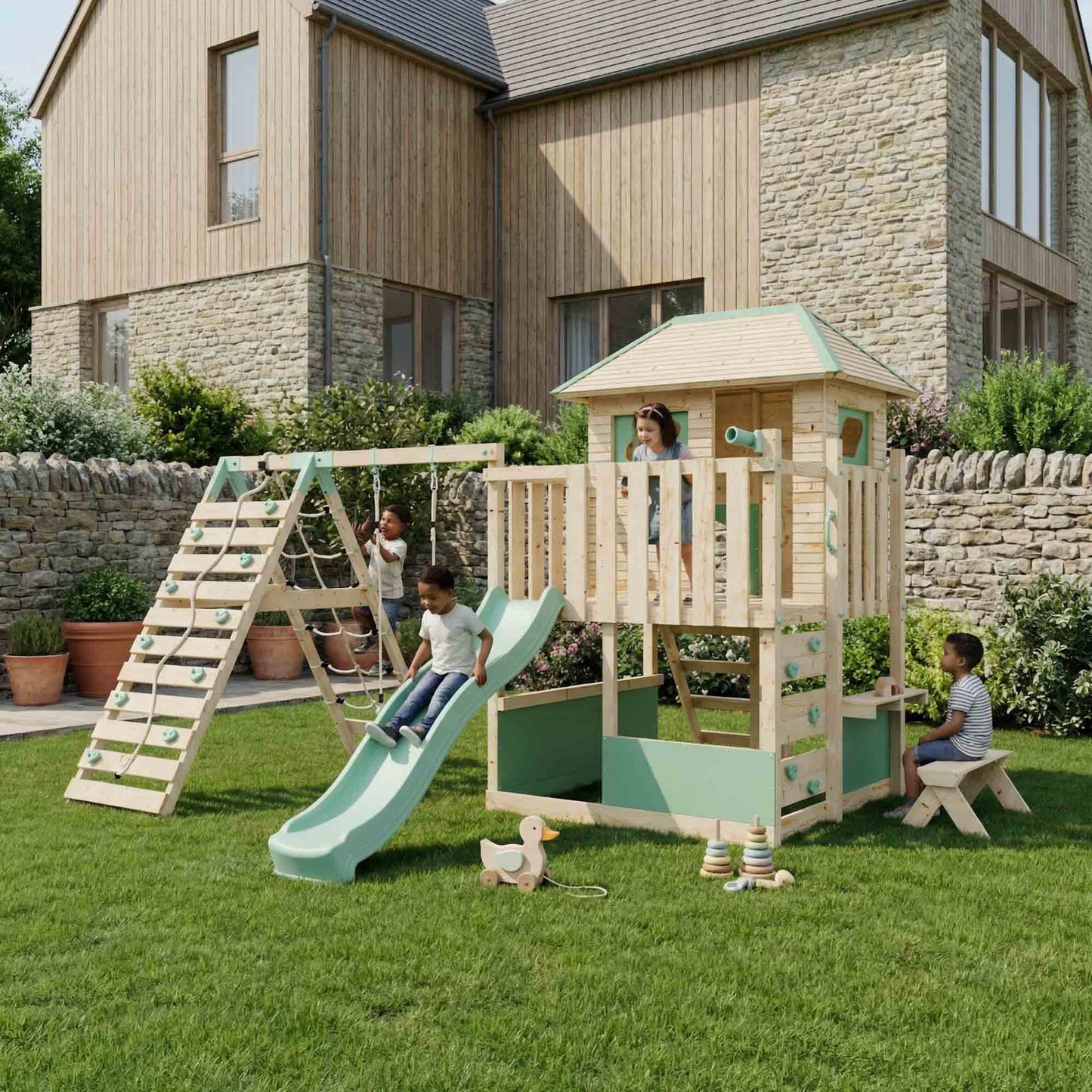 LittleSummit Large Tower Playhouse with Swing & Climbing Wall