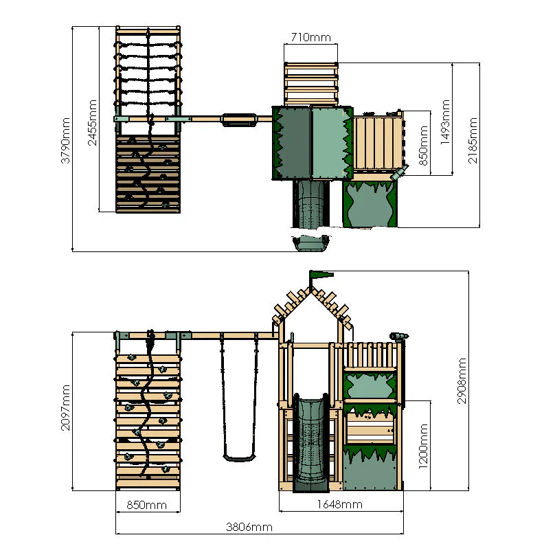 Extended Climbing Frame With Single Swing & Climbing Wall With Shop - Enchanted Grove VII
