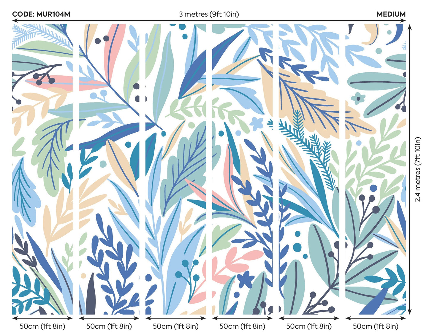 Origin Murals Patterned Leaves Washed Denim 300cm X 240cm