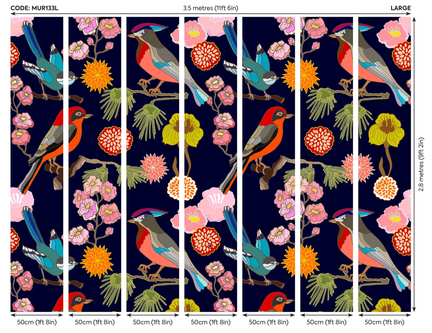 Origin Murals Floral Birds Ink 350cm X 280cm