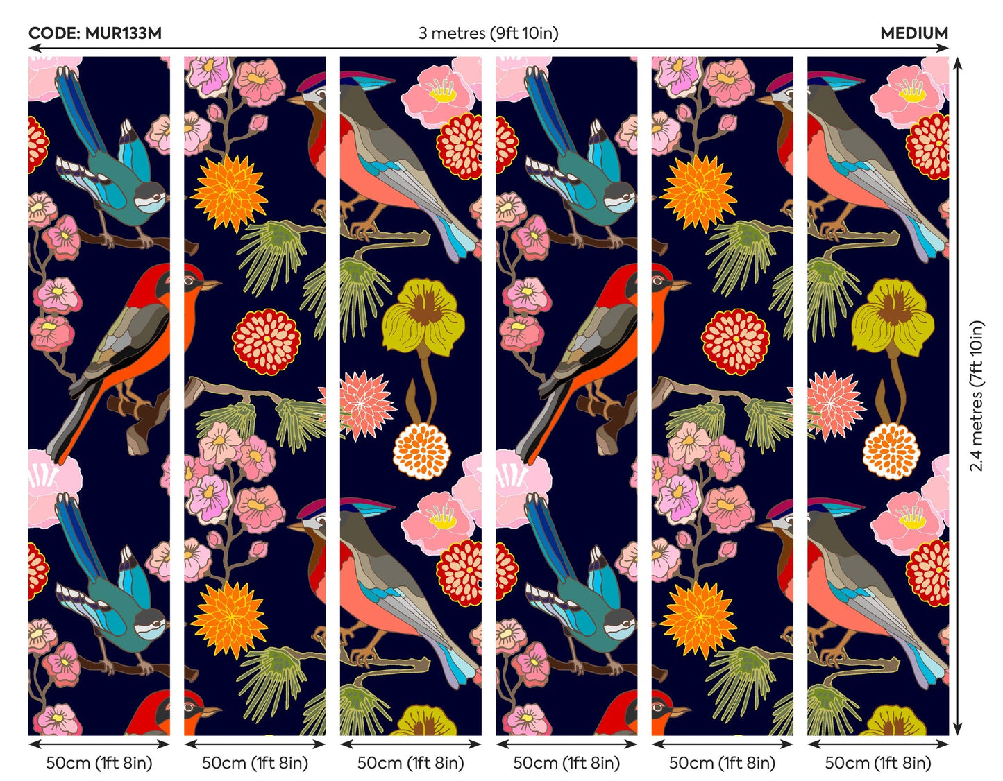 Origin Murals Floral Birds Ink 300cm X 240cm