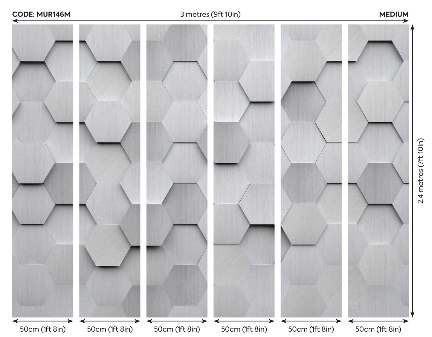 Origin Murals Metal Hexagons Silver 300cm X 240cm