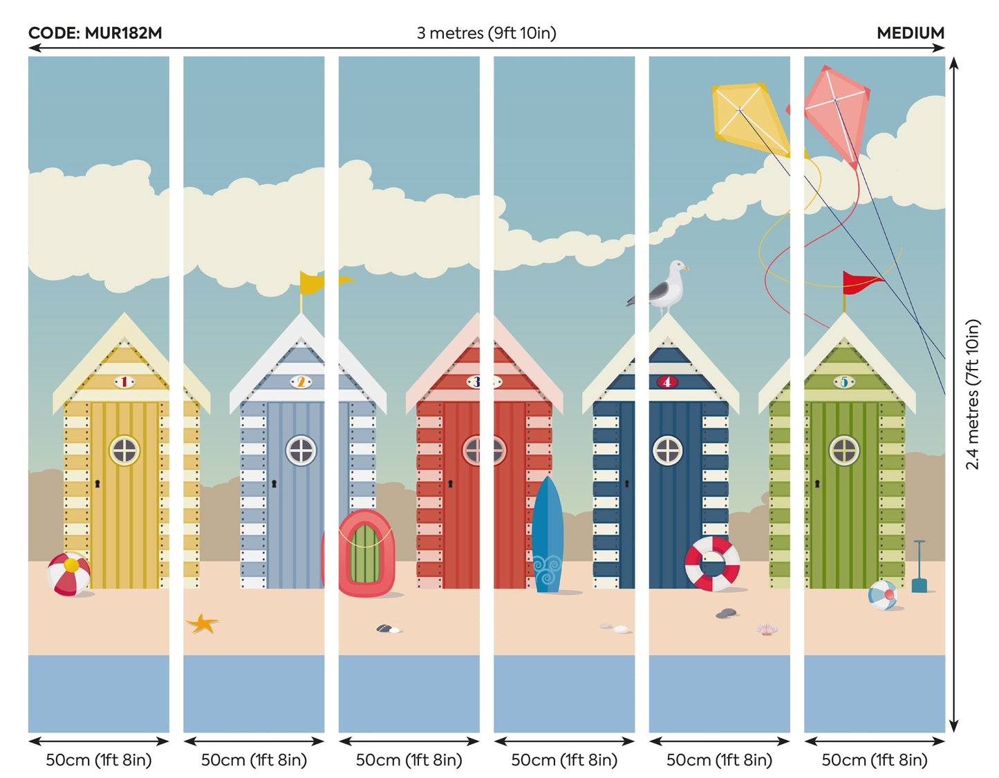 Origin Murals Beach Huts Multi 300cm X 240cm X