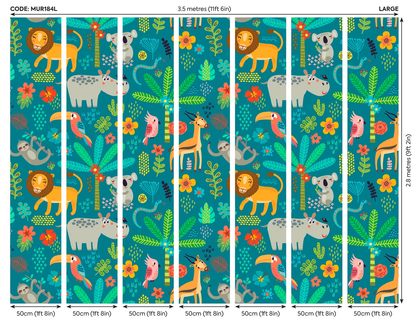 Origin Murals Jungle Animals Teal 350cm X 280cm