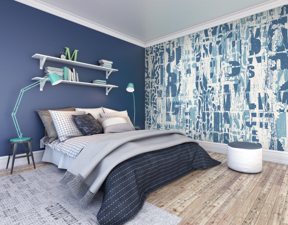 Origin Murals Letterpress Graffiti Denim Blue 350cm X 280cm