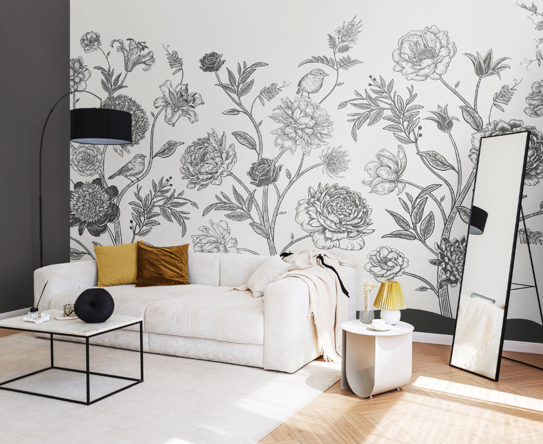Origin Murals Jacobean Rose Trail Black White 350cm X 280cm