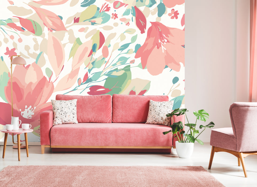 Origin Murals Flowing Flowers Coral Pink 300cm X 240cm