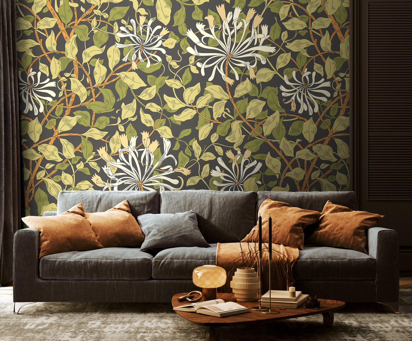 Origin Murals Honeysuckle Black And Olive Green 300cm X 240cm