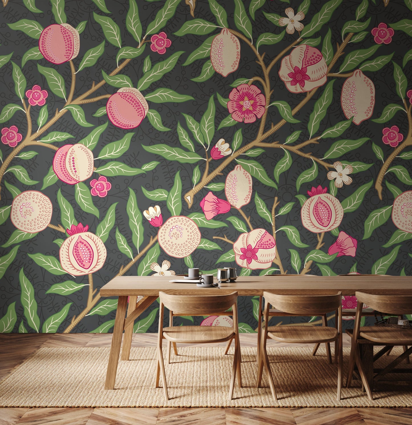Origin Murals Fruit And Foliage Black And Rose Pink 300cm X 240cm