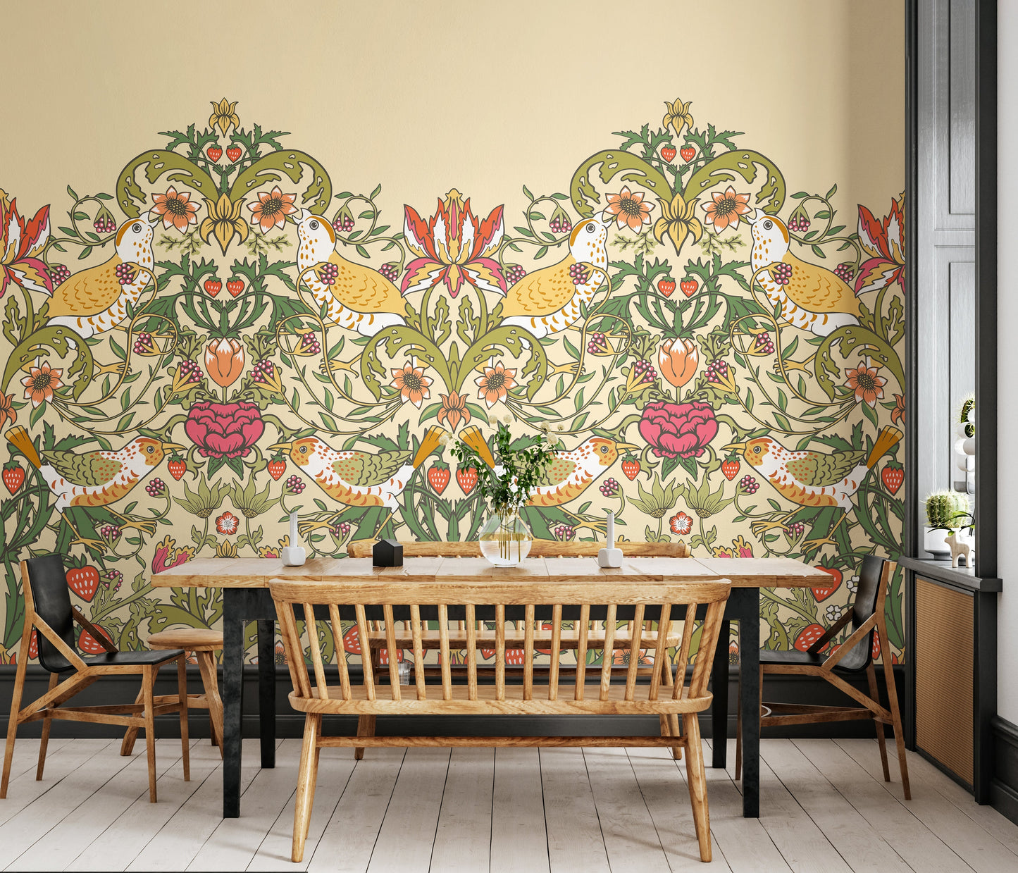 Origin Murals Birds Fruit And Foliage Gold And Olive 350cm X 280cm - Hot Tub Shop