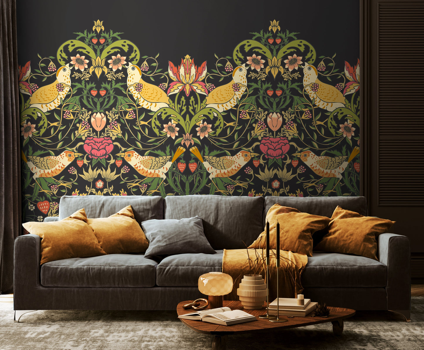 Origin Murals Birds Fruit And Foliage Black And Olive 300cm X 240cm
