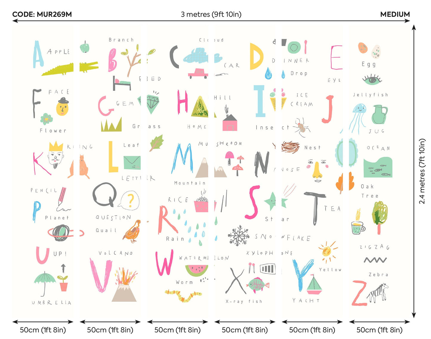 Origin Murals Childrens Alphabet Illustrations Multi Pink 300cm X 240cm