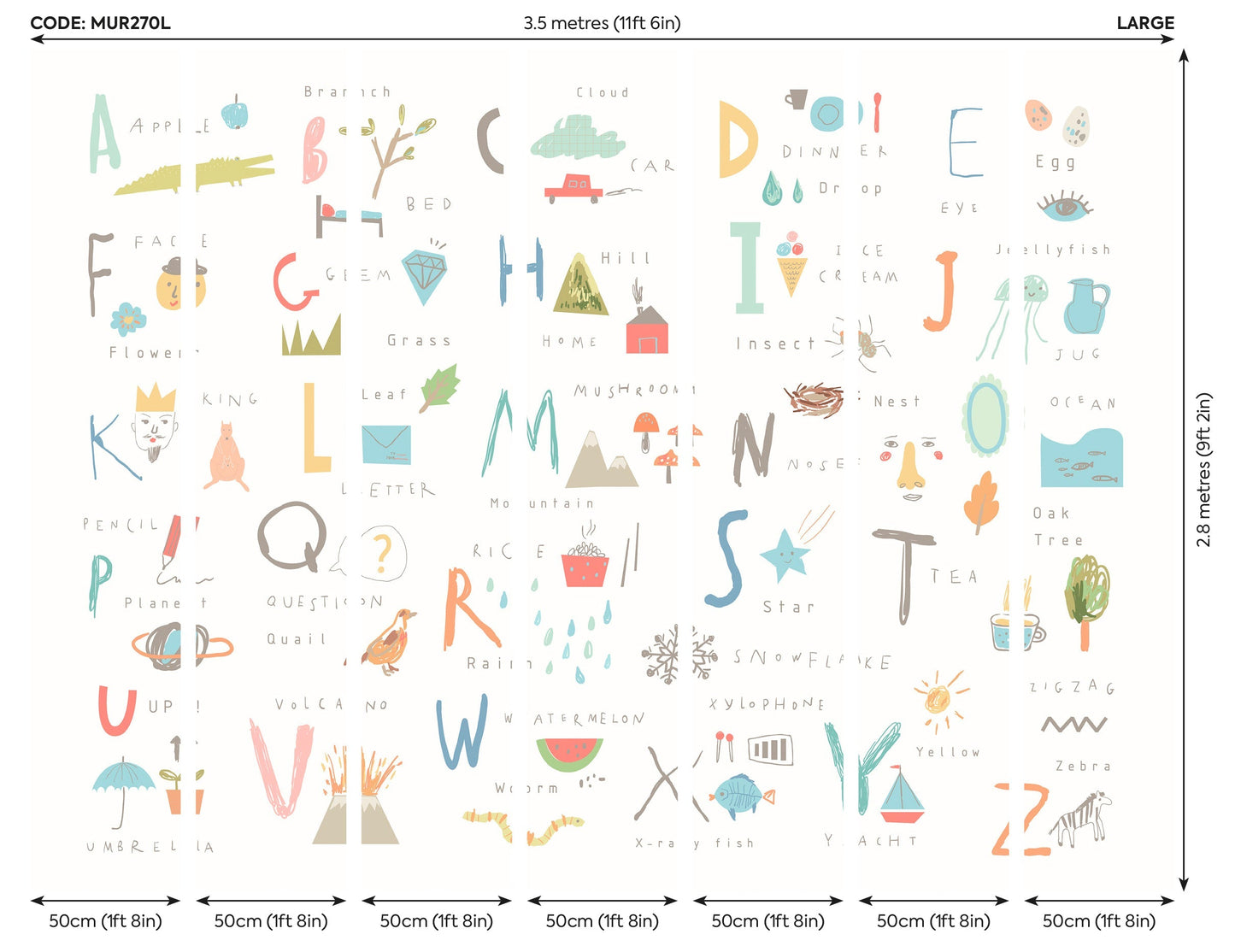 Origin Murals Childrens Alphabet Illustrations Multi Pastel 350cm X 280cm