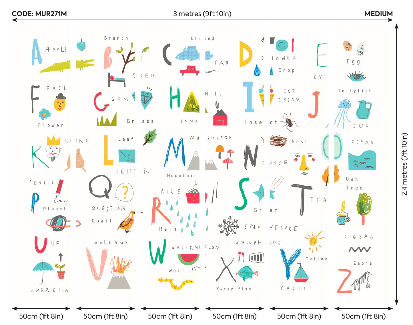 Origin Murals Childrens Alphabet Illustrations Multi Bright 300cm X 240cm