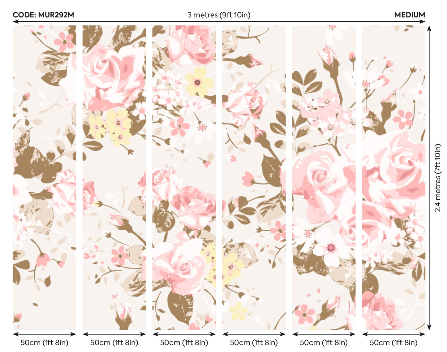 Origin Murals Vintage Rose Pattern Pink 300cm X 240cm