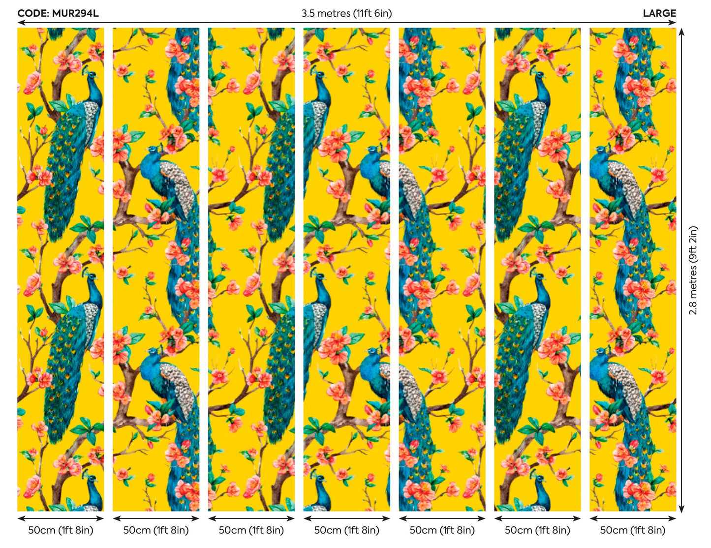 Origin Murals Flowery Peacocks Yellow 350cm X 280cm