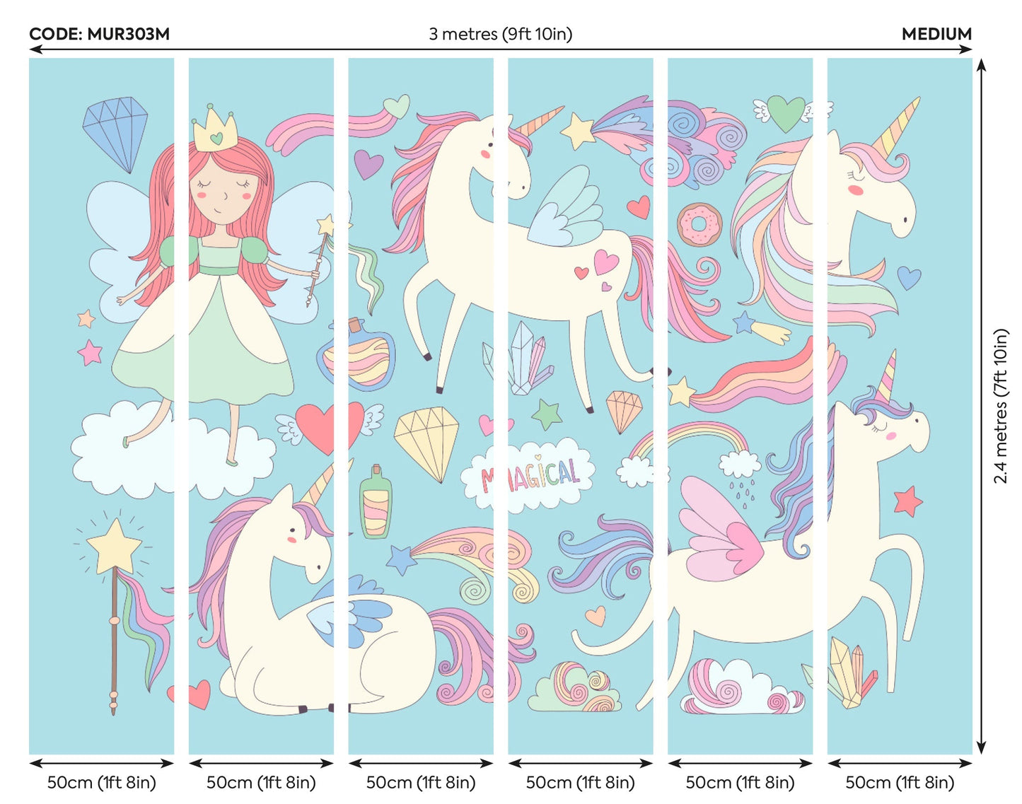 Origin Murals Princess Unicorn Blue 300cm X 240cm