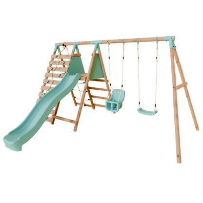 Double Wooden Swing Set with Baby Swing, Climbing Wall and Slide - Stagwood II
