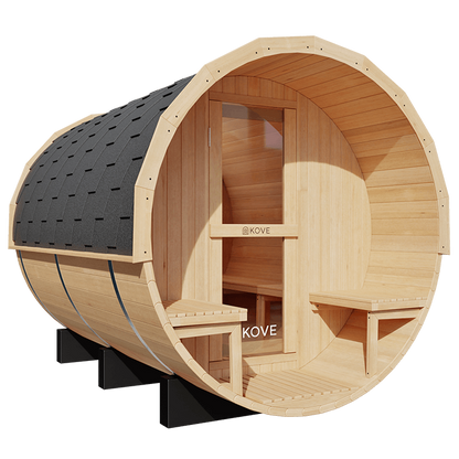 KOVE Outdoor Barrel Sauna – 5–6 Person Garden Sauna with 6kW Electric Heater