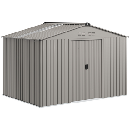 Outsunny 9 x 6FT Galvanised Garden Storage Shed with Sliding Door, Grey - Hot Tub Shop
