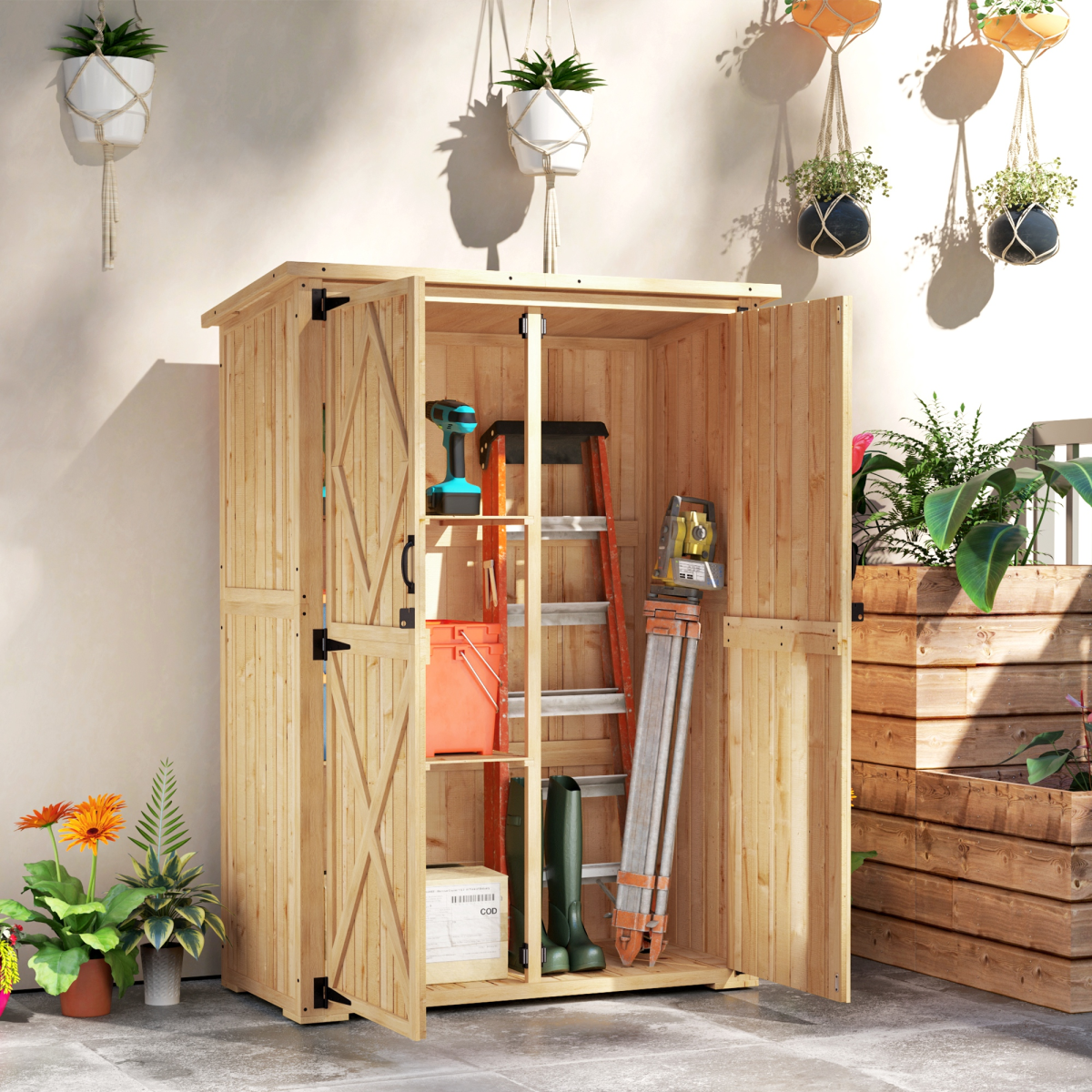 Outsunny Wooden Tool Storage Cabinet with Double Doors, Natural