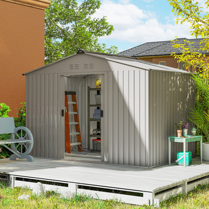 Outsunny 9 x 6FT Galvanised Garden Storage Shed with Sliding Door, Grey - Hot Tub Shop