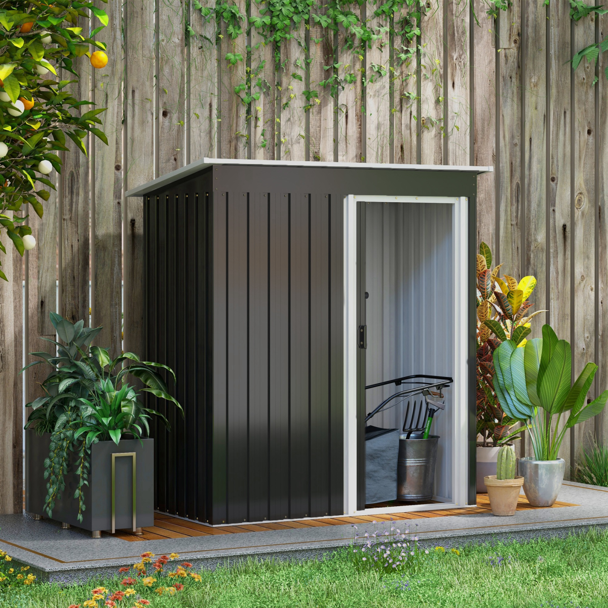 Outsunny 5 x 3ft Garden Storage Shed Sliding Door Sloped Roof Tool, Black - Hot Tub Shop
